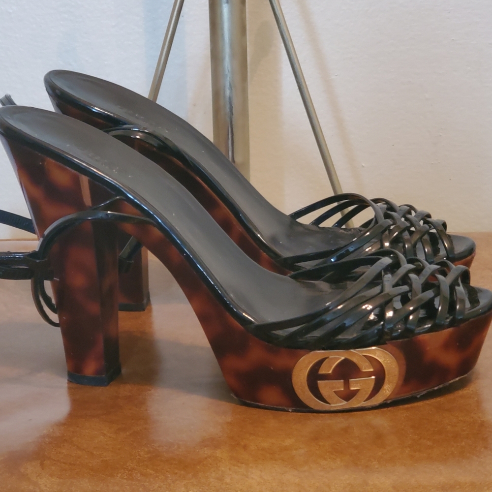 Gucci Black Patent Leather Strappy 5" Heels